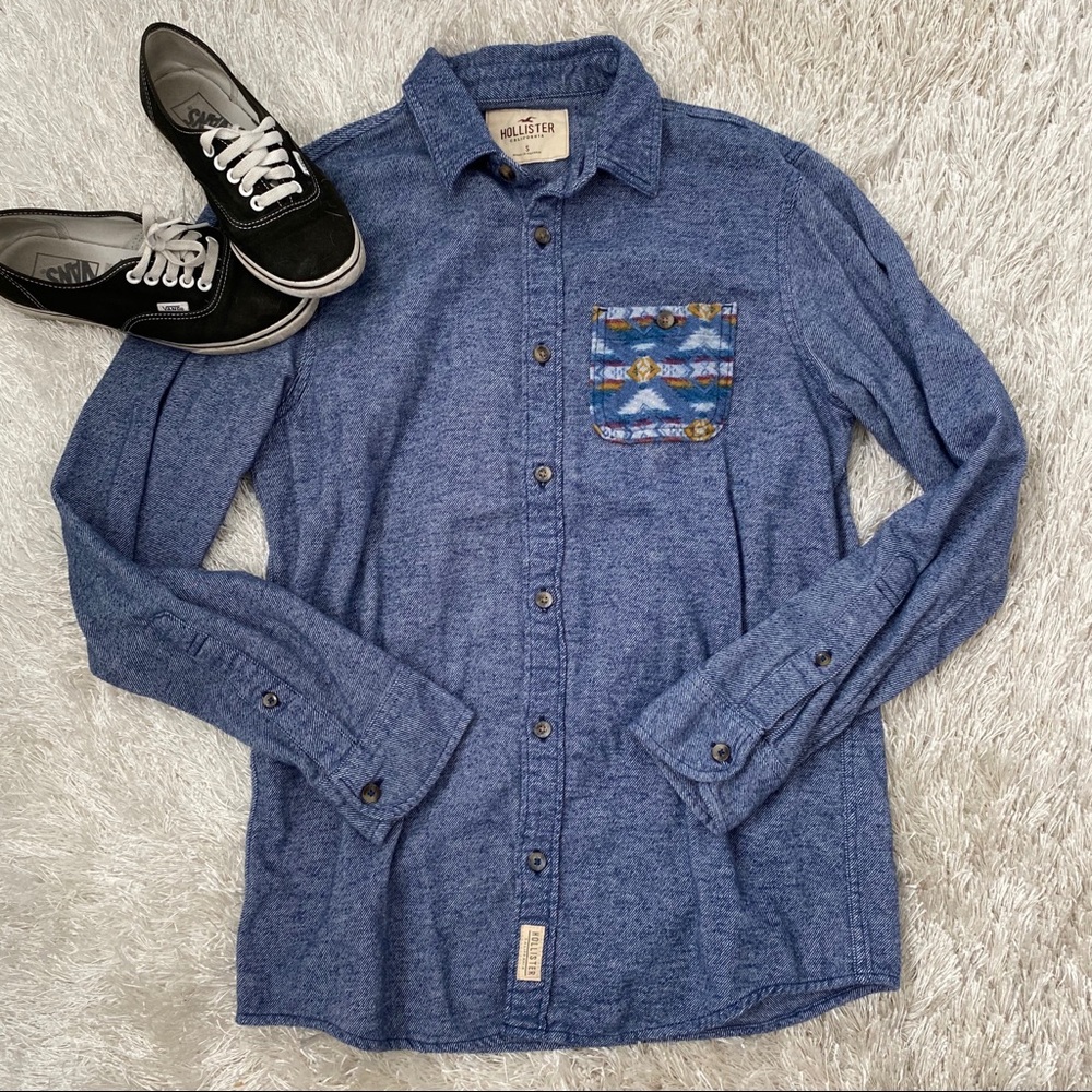 Hollister Blue & Aztec Denim Flannel Button Up Top